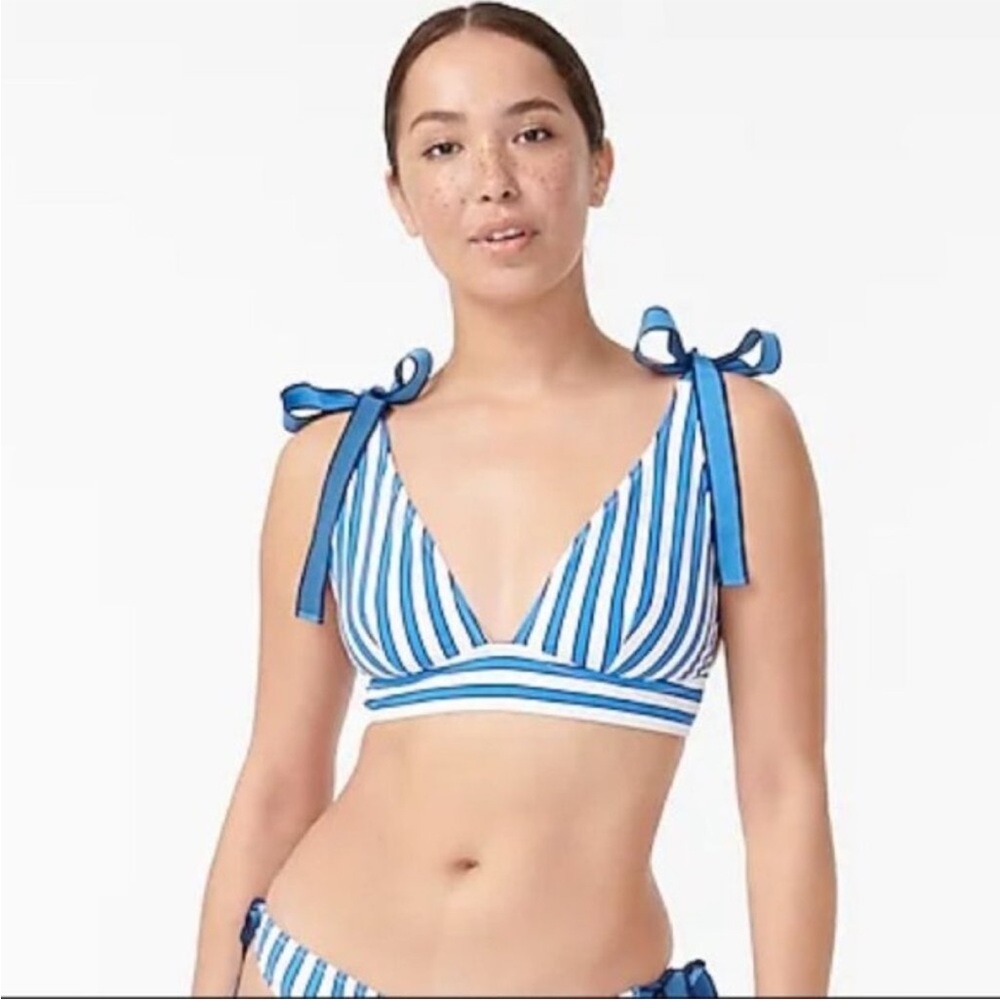 J. Crew | Tie Shoulder Bikini Top Cabana Stripe Blue White Vacation Sweet New 2X